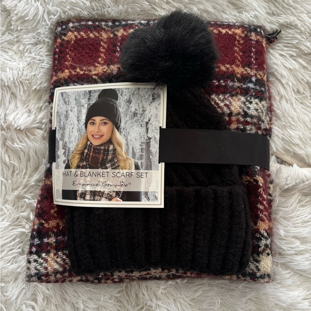 Emanuel Geraldo Hat & Blanket Scarf Set Black Pom Beanie Burgundy Plaid
